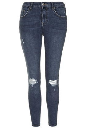 Petite Moto Ripped Jamie Jeans - style: skinny leg; length: standard; pattern: plain; pocket detail: traditional 5 pocket; waist: mid/regular rise; predominant colour: navy; occasions: casual; fibres: cotton - stretch; jeans detail: whiskering, rips; texture group: denim; pattern type: fabric; season: a/w 2015; wardrobe: basic
