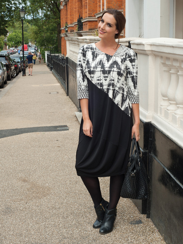 Black/Ivory Print And Plain Mix Jersey Dress - style: smock; length: below the knee; fit: loose; secondary colour: white; predominant colour: black; occasions: evening; fibres: polyester/polyamide - stretch; neckline: crew; sleeve length: 3/4 length; sleeve style: standard; pattern type: fabric; pattern: patterned/print; texture group: jersey - stretchy/drapey; multicoloured: multicoloured; season: a/w 2015