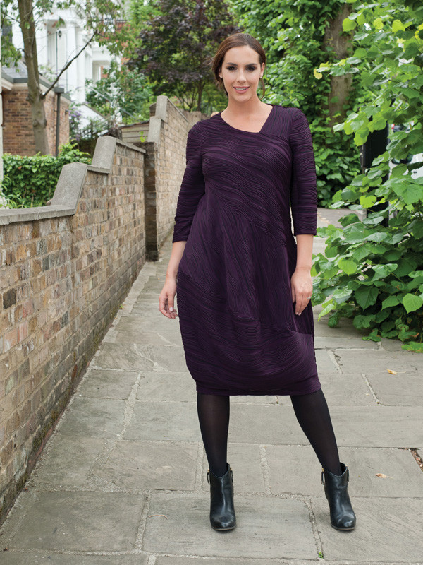 Aubergine/Black Textured Jersey Dress - style: shift; length: below the knee; pattern: striped; neckline: asymmetric; predominant colour: aubergine; secondary colour: black; occasions: evening; fit: body skimming; fibres: polyester/polyamide - stretch; sleeve length: 3/4 length; sleeve style: standard; pattern type: fabric; texture group: jersey - stretchy/drapey; season: a/w 2015
