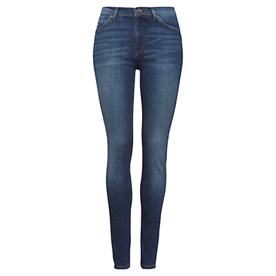Skinny Jeans - style: skinny leg; length: standard; pattern: plain; waist: high rise; pocket detail: traditional 5 pocket; predominant colour: denim; occasions: casual; fibres: cotton - stretch; jeans detail: whiskering; texture group: denim; pattern type: fabric; season: a/w 2015