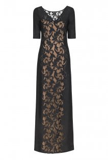 Tall Placement Lace Maxi Dress At - neckline: low v-neck; style: maxi dress; length: ankle length; secondary colour: nude; predominant colour: black; occasions: evening; fit: soft a-line; fibres: polyester/polyamide - 100%; sleeve length: half sleeve; sleeve style: standard; texture group: structured shiny - satin/tafetta/silk etc.; pattern type: fabric; pattern size: standard; pattern: patterned/print; embellishment: lace; season: a/w 2015