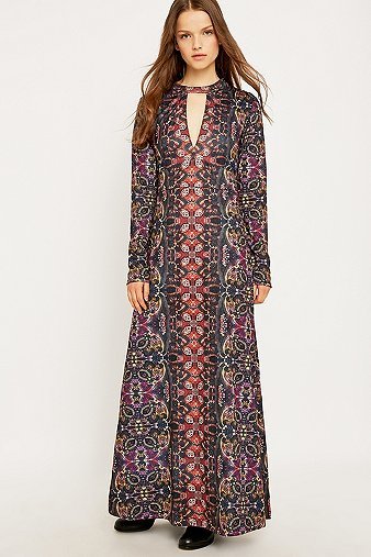 Interlock Cabaret Long Sleeve Maxi Dress, Assorted - style: maxi dress; length: ankle length; predominant colour: burgundy; secondary colour: denim; occasions: casual; fit: fitted at waist & bust; neckline: peep hole neckline; fibres: cotton - 100%; sleeve length: long sleeve; sleeve style: standard; pattern type: fabric; pattern size: standard; pattern: patterned/print; texture group: woven light midweight; multicoloured: multicoloured; season: a/w 2015