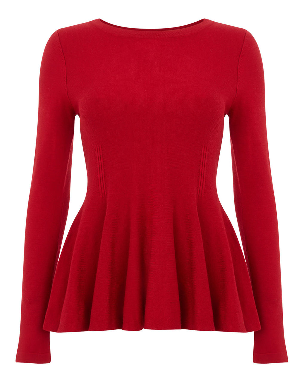 Maritza Peplum Knit Top - neckline: round neck; pattern: plain; length: below the bottom; waist detail: peplum waist detail; predominant colour: true red; occasions: work, occasion; style: top; fit: tailored/fitted; sleeve length: long sleeve; sleeve style: standard; texture group: knits/crochet; pattern type: knitted - fine stitch; season: a/w 2015