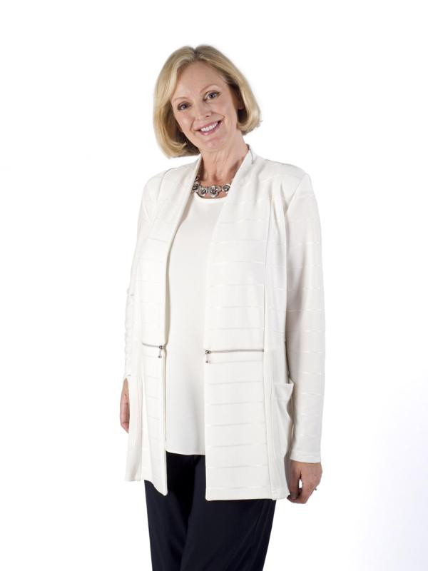 Ivory Ottoman Self Stripe Zip Detail Shrug - pattern: plain; length: below the bottom; neckline: collarless open; style: open front; predominant colour: ivory/cream; occasions: casual, creative work; fibres: wool - mix; fit: loose; sleeve length: long sleeve; sleeve style: standard; texture group: knits/crochet; pattern type: knitted - other; embellishment: zips; season: a/w 2015