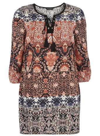 Womens Mix'n'match Tie Neck Tunic Multi Colour - neckline: round neck; style: tunic; predominant colour: black; occasions: casual, creative work; fibres: viscose/rayon - 100%; fit: body skimming; length: mid thigh; sleeve length: 3/4 length; sleeve style: standard; pattern type: fabric; pattern: patterned/print; texture group: other - light to midweight; pattern size: big & busy (top); multicoloured: multicoloured; season: a/w 2015