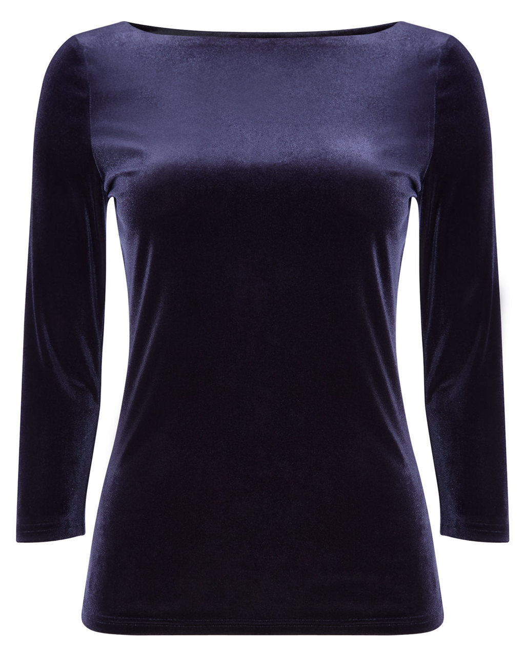 Ismay Velvet Top - neckline: slash/boat neckline; pattern: plain; predominant colour: navy; occasions: casual, evening, creative work; length: standard; style: top; fit: body skimming; sleeve length: 3/4 length; sleeve style: standard; pattern type: fabric; texture group: velvet/fabrics with pile; season: a/w 2015