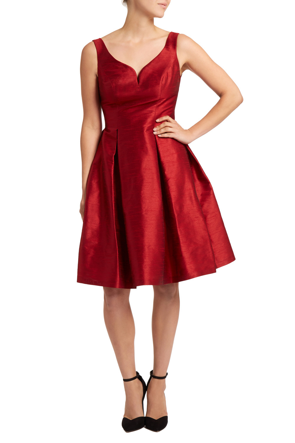 Giuglia Dress - neckline: low v-neck; pattern: plain; sleeve style: sleeveless; predominant colour: true red; occasions: evening, occasion; length: on the knee; fit: fitted at waist & bust; style: fit & flare; fibres: polyester/polyamide - 100%; hip detail: structured pleats at hip; sleeve length: sleeveless; texture group: structured shiny - satin/tafetta/silk etc.; pattern type: fabric; season: a/w 2015
