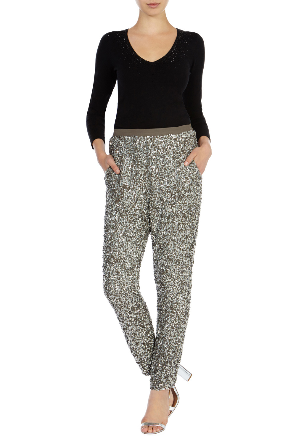 Alura Beaded Trousers - length: standard; pattern: plain; style: peg leg; waist: high rise; predominant colour: silver; occasions: evening, occasion; fibres: polyester/polyamide - 100%; fit: tapered; pattern type: fabric; texture group: woven light midweight; embellishment: sequins; season: a/w 2015