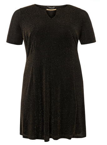 Womens **Dp Curve Gold Sparkle Keyhole Skater Dress Metallic - style: shift; length: mid thigh; pattern: plain; predominant colour: black; occasions: evening, creative work; fit: soft a-line; neckline: crew; sleeve length: short sleeve; sleeve style: standard; pattern type: fabric; texture group: jersey - stretchy/drapey; fibres: nylon - stretch; embellishment: glitter; season: a/w 2015