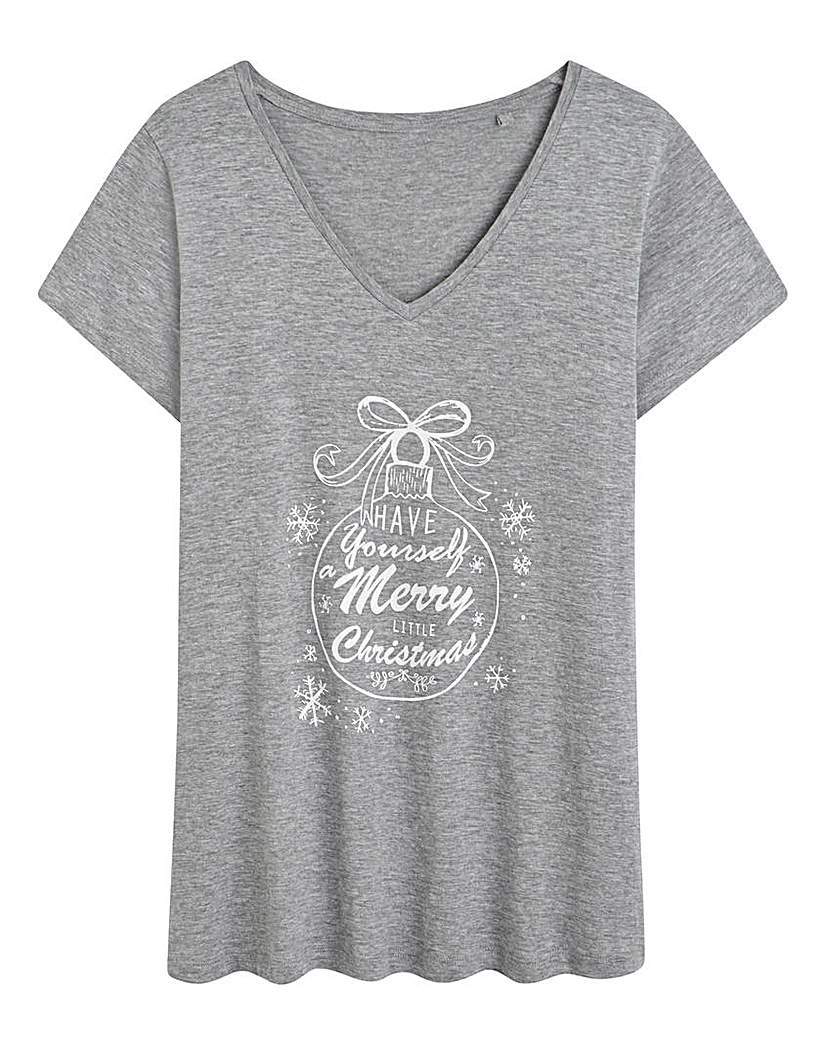 Merry Christmas Printed Tee - neckline: v-neck; style: t-shirt; predominant colour: mid grey; occasions: casual; length: standard; fibres: cotton - mix; fit: body skimming; sleeve length: short sleeve; sleeve style: standard; pattern type: fabric; texture group: jersey - stretchy/drapey; pattern: graphic/slogan; trends: christmas jumpers; season: a/w 2015