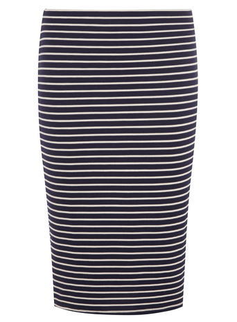 Womens Navy And White Stripe Pencil Skirt Blue - style: pencil; fit: body skimming; waist: mid/regular rise; secondary colour: white; predominant colour: navy; occasions: casual; length: on the knee; fibres: viscose/rayon - stretch; pattern type: fabric; texture group: jersey - stretchy/drapey; pattern size: standard (bottom); pattern: horizontal stripes (bottom); season: a/w 2015