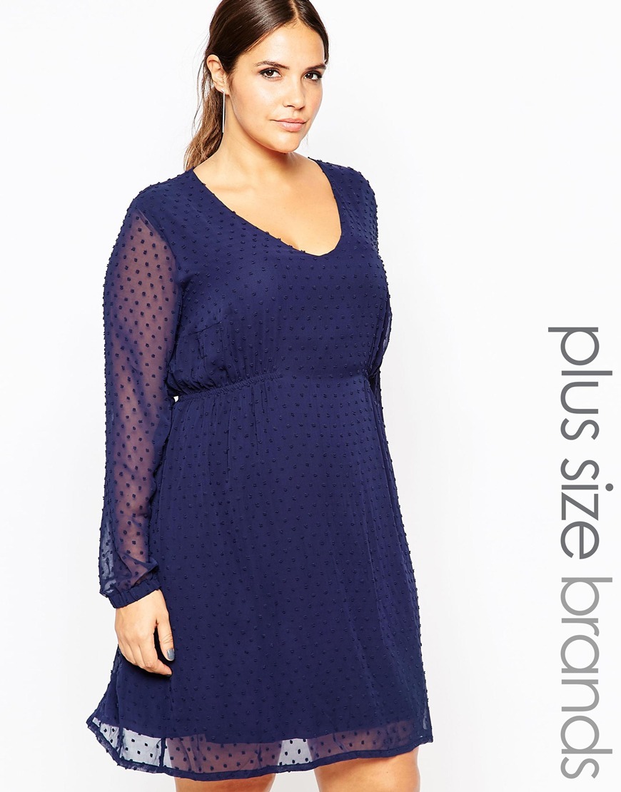 Spotty Textured Skater Dress Navy - neckline: low v-neck; pattern: polka dot; predominant colour: navy; length: just above the knee; fit: fitted at waist & bust; style: fit & flare; fibres: polyester/polyamide - 100%; occasions: occasion; sleeve length: long sleeve; sleeve style: standard; texture group: sheer fabrics/chiffon/organza etc.; pattern type: fabric; season: a/w 2015