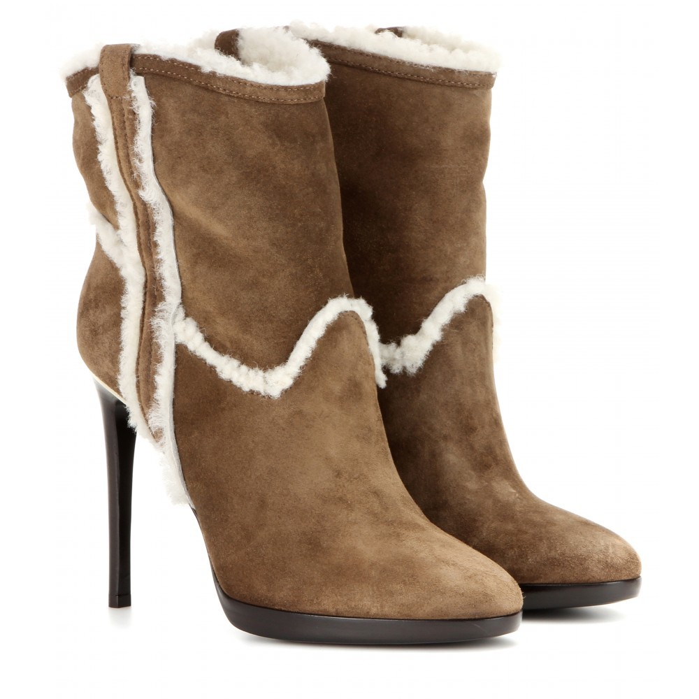 Suede And Shearling Ankle Boots - predominant colour: tan; material: suede; heel height: high; heel: stiletto; toe: round toe; boot length: ankle boot; style: standard; finish: plain; pattern: plain; occasions: creative work; shoe detail: platform; season: a/w 2015