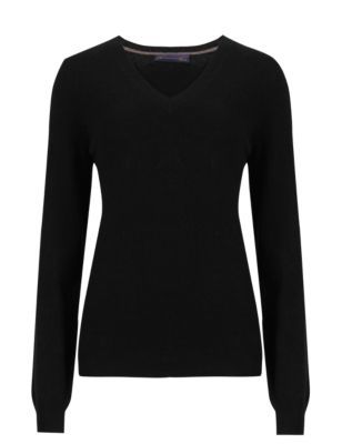 Pure Cashmere V Neck Jumper - neckline: v-neck; pattern: plain; style: standard; predominant colour: black; occasions: casual, work, creative work; length: standard; fit: standard fit; fibres: cashmere - 100%; sleeve length: long sleeve; sleeve style: standard; texture group: knits/crochet; pattern type: knitted - fine stitch; pattern size: standard; season: s/s 2015