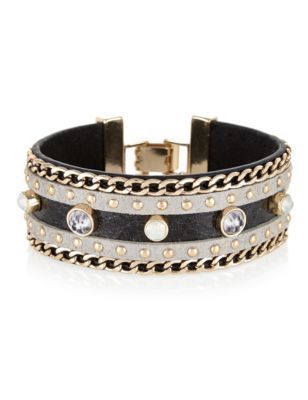 Diamanté Faux Reptile Skin Design Cuff Bracelet - secondary colour: gold; predominant colour: black; occasions: evening, occasion, creative work; style: cuff; size: standard; material: plastic/rubber; finish: metallic; embellishment: crystals/glass; season: a/w 2015