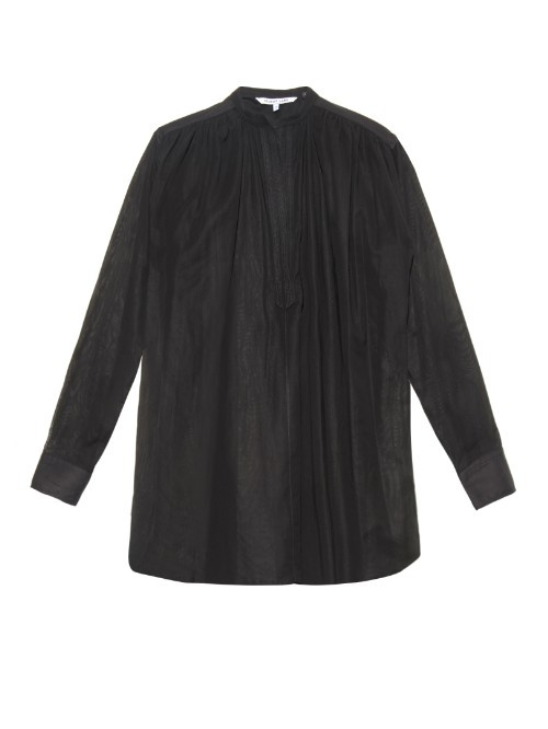Poet Opaque Shirt - pattern: plain; length: below the bottom; style: shirt; bust detail: ruching/gathering/draping/layers/pintuck pleats at bust; predominant colour: black; occasions: casual, work, creative work; neckline: collarstand; fibres: cotton - 100%; fit: loose; sleeve length: 3/4 length; sleeve style: standard; texture group: cotton feel fabrics; pattern type: fabric; season: a/w 2015