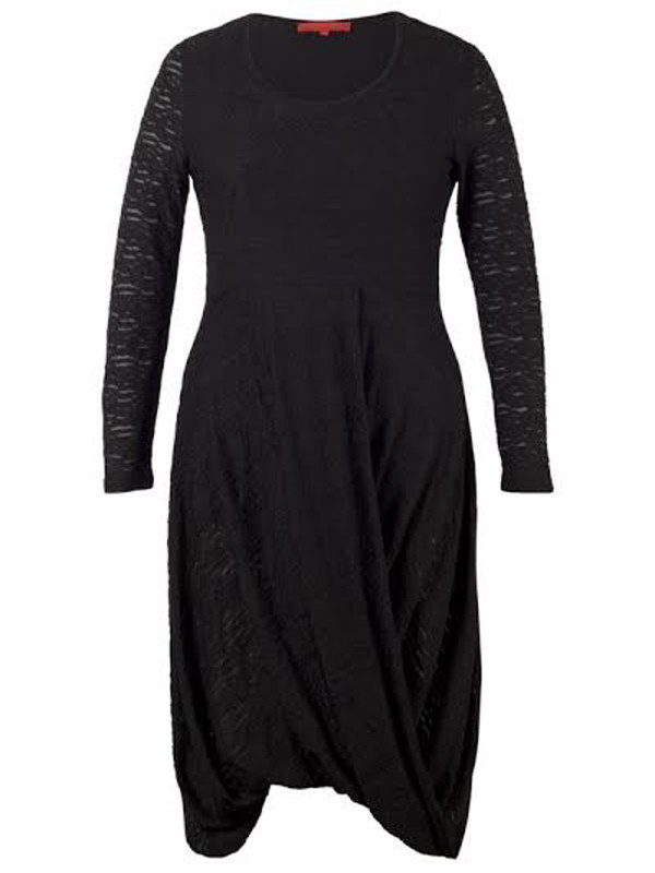 Black Mixed Fabric Jersey Dress - neckline: round neck; pattern: plain; predominant colour: black; occasions: evening; length: just above the knee; fit: fitted at waist & bust; style: fit & flare; fibres: polyester/polyamide - 100%; hip detail: soft pleats at hip/draping at hip/flared at hip; sleeve length: long sleeve; sleeve style: standard; texture group: lace; pattern type: fabric; embellishment: lace; season: a/w 2015