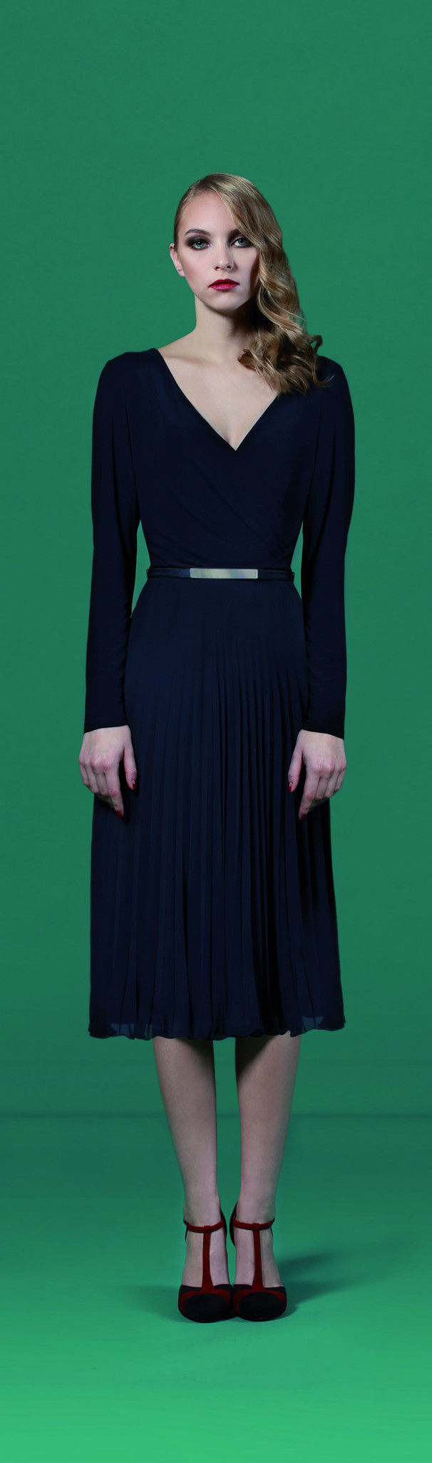Navy Pleated Jersey Dress - style: faux wrap/wrap; length: below the knee; neckline: low v-neck; pattern: plain; waist detail: belted waist/tie at waist/drawstring; predominant colour: navy; occasions: evening; fit: body skimming; fibres: polyester/polyamide - stretch; hip detail: soft pleats at hip/draping at hip/flared at hip; sleeve length: long sleeve; sleeve style: standard; pattern type: fabric; texture group: jersey - stretchy/drapey; season: a/w 2015