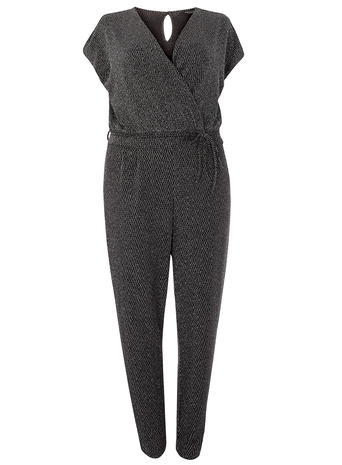 Womens **Dp Curve Black And Navy Sparkle Wrap Jumpsuit Blue - length: standard; neckline: v-neck; pattern: plain; waist detail: elasticated waist; predominant colour: black; occasions: evening, occasion; fit: body skimming; fibres: nylon - mix; sleeve length: short sleeve; sleeve style: standard; style: jumpsuit; pattern type: fabric; texture group: jersey - stretchy/drapey; season: a/w 2015