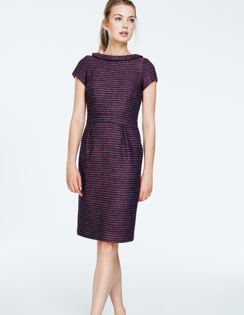 Martha Tweed Dress Pink Tweed Women, Pink Tweed - style: shift; neckline: slash/boat neckline; fit: tailored/fitted; pattern: herringbone/tweed; predominant colour: magenta; occasions: work, occasion, creative work; length: on the knee; fibres: polyester/polyamide - stretch; sleeve length: short sleeve; sleeve style: standard; pattern type: fabric; pattern size: standard; texture group: tweed - light/midweight; season: a/w 2015
