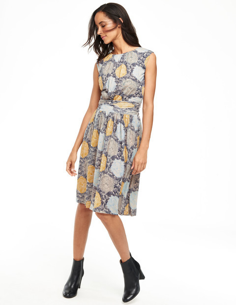 Sabrina Jersey Dress Macadamia Sketched Floral Women, Macadamia Sketched Floral - style: shift; sleeve style: capped; waist detail: twist front waist detail/nipped in at waist on one side/soft pleats/draping/ruching/gathering waist detail; secondary colour: pale blue; predominant colour: light grey; occasions: casual, creative work; length: on the knee; fit: soft a-line; fibres: viscose/rayon - 100%; neckline: crew; sleeve length: sleeveless; pattern type: fabric; pattern size: standard; pattern: florals; texture group: jersey - stretchy/drapey; multicoloured: multicoloured; season: a/w 2015