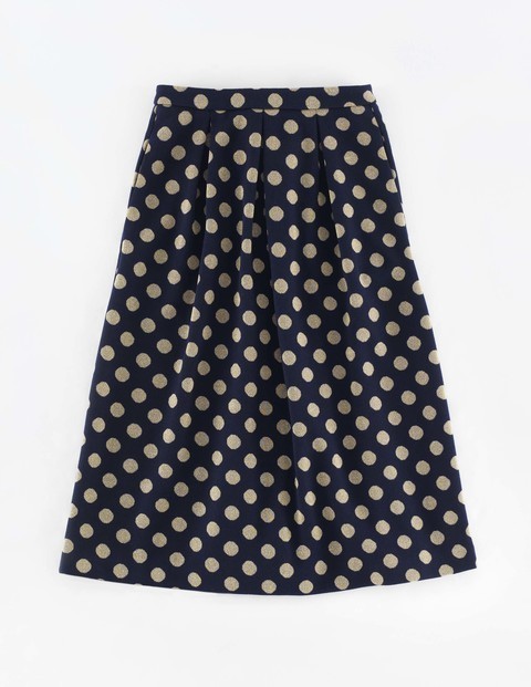 Sparkle Spot Jacquard Skirt Navy/Gold Women, Navy/Gold - style: full/prom skirt; fit: loose/voluminous; pattern: polka dot; waist: mid/regular rise; predominant colour: navy; secondary colour: stone; occasions: casual, creative work; length: just above the knee; fibres: polyester/polyamide - mix; hip detail: soft pleats at hip/draping at hip/flared at hip; pattern type: knitted - fine stitch; texture group: brocade/jacquard; pattern size: big & busy (bottom); season: a/w 2015