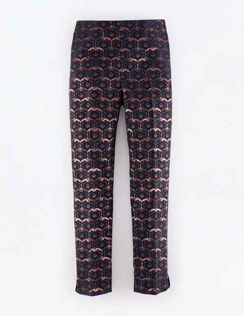 Party Trouser Navy & Rose Gold Jaquard Women, Navy & Rose Gold Jaquard - waist: mid/regular rise; secondary colour: blush; predominant colour: navy; occasions: evening, creative work; length: ankle length; fibres: polyester/polyamide - stretch; fit: straight leg; pattern type: fabric; pattern: patterned/print; texture group: brocade/jacquard; style: standard; pattern size: standard (bottom); season: a/w 2015