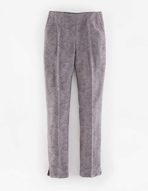 Party Trouser Navy & Pewter Metallic Lace Women, Navy & Pewter Metallic Lace - pocket detail: pockets at the sides; waist: mid/regular rise; length: ankle length; fibres: cotton - stretch; fit: straight leg; pattern type: fabric; pattern: patterned/print; texture group: woven light midweight; style: standard; occasions: creative work; predominant colour: pewter; pattern size: light/subtle (bottom); season: a/w 2015