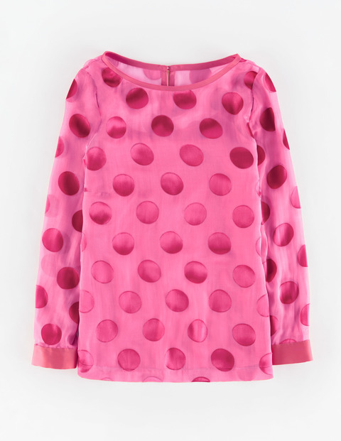 Silk Satin Spot Top Rose Blossom Women, Rose Blossom - neckline: round neck; pattern: polka dot; predominant colour: hot pink; occasions: casual, creative work; length: standard; style: top; fibres: silk - mix; fit: loose; sleeve length: long sleeve; sleeve style: standard; texture group: silky - light; pattern type: fabric; pattern size: standard; season: a/w 2015