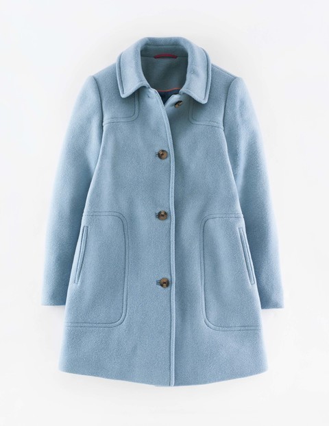 Emilie Coat Blue Blush Women, Blue Blush - pattern: plain; style: single breasted; length: mid thigh; predominant colour: pale blue; occasions: casual, work, creative work; fit: tailored/fitted; fibres: wool - mix; collar: shirt collar/peter pan/zip with opening; sleeve length: long sleeve; sleeve style: standard; collar break: high/illusion of break when open; pattern type: fabric; texture group: woven bulky/heavy; season: a/w 2015