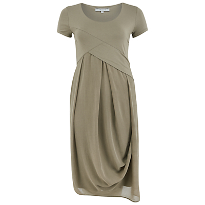 Jersey Print Chiffon Dress, Khaki - length: below the knee; neckline: round neck; fit: loose; pattern: plain; predominant colour: stone; occasions: casual, creative work; style: asymmetric (hem); fibres: polyester/polyamide - 100%; sleeve length: short sleeve; sleeve style: standard; pattern type: fabric; texture group: jersey - stretchy/drapey; season: a/w 2015