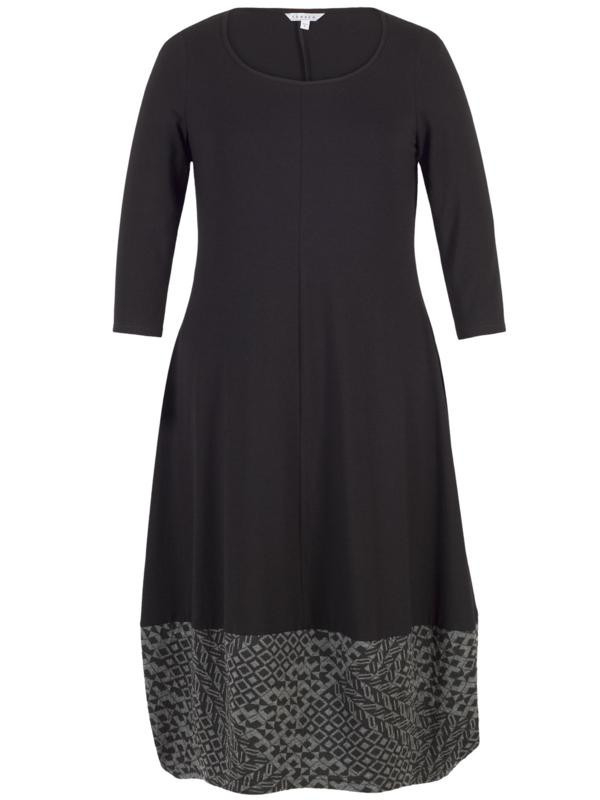 Black Diamond Jacquard Trim Jersey Dress - neckline: round neck; pattern: plain; predominant colour: navy; secondary colour: mid grey; occasions: evening, creative work; length: just above the knee; fit: fitted at waist & bust; style: fit & flare; fibres: polyester/polyamide - 100%; hip detail: soft pleats at hip/draping at hip/flared at hip; sleeve length: 3/4 length; sleeve style: standard; pattern type: fabric; texture group: jersey - stretchy/drapey; season: a/w 2015