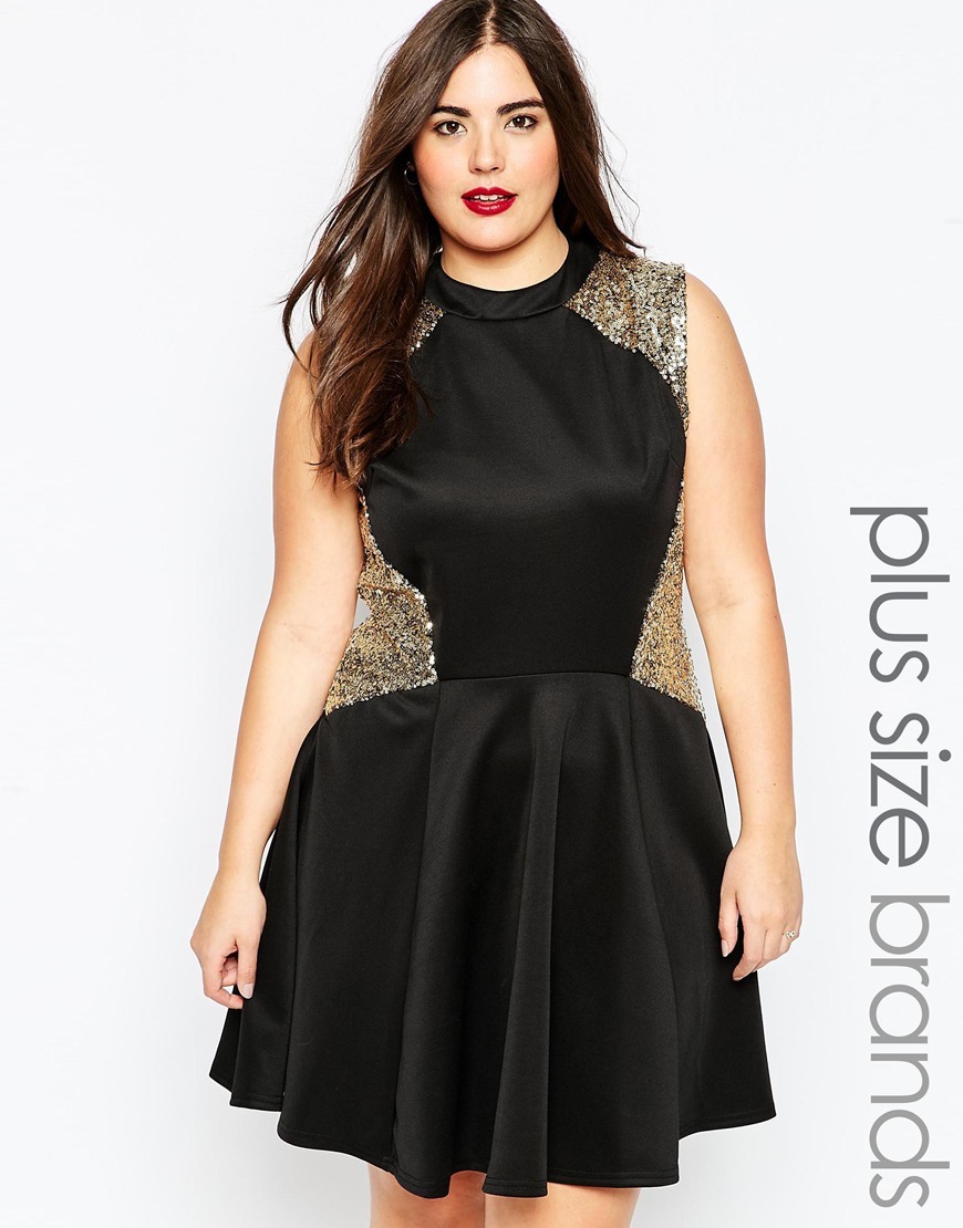 Plus Size Skater Dress With Sequin Inserts Black - length: mid thigh; pattern: plain; sleeve style: sleeveless; secondary colour: gold; predominant colour: black; occasions: evening; fit: fitted at waist & bust; style: fit & flare; neckline: crew; sleeve length: sleeveless; pattern type: fabric; texture group: jersey - stretchy/drapey; embellishment: sequins; season: a/w 2015
