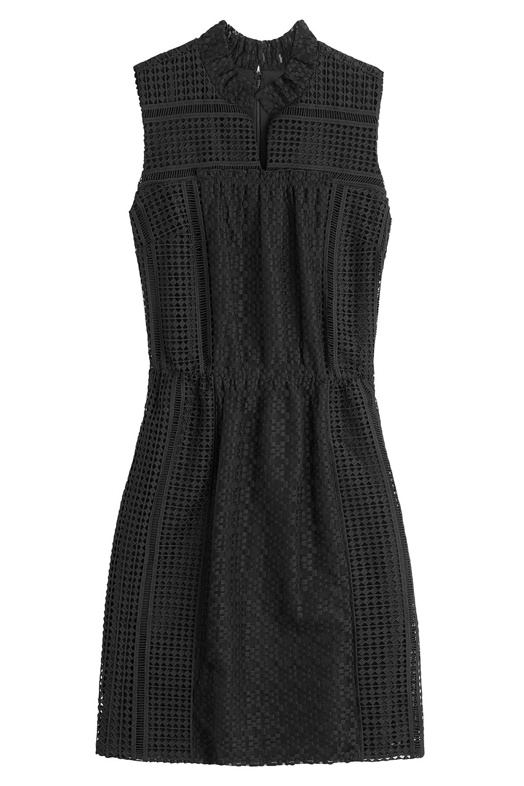 Dress With Broderie Anglaise Black - style: shift; length: mid thigh; neckline: shirt collar/peter pan/zip with opening; fit: fitted at waist; pattern: plain; sleeve style: sleeveless; predominant colour: black; sleeve length: sleeveless; pattern type: fabric; texture group: woven light midweight; occasions: creative work; season: a/w 2015