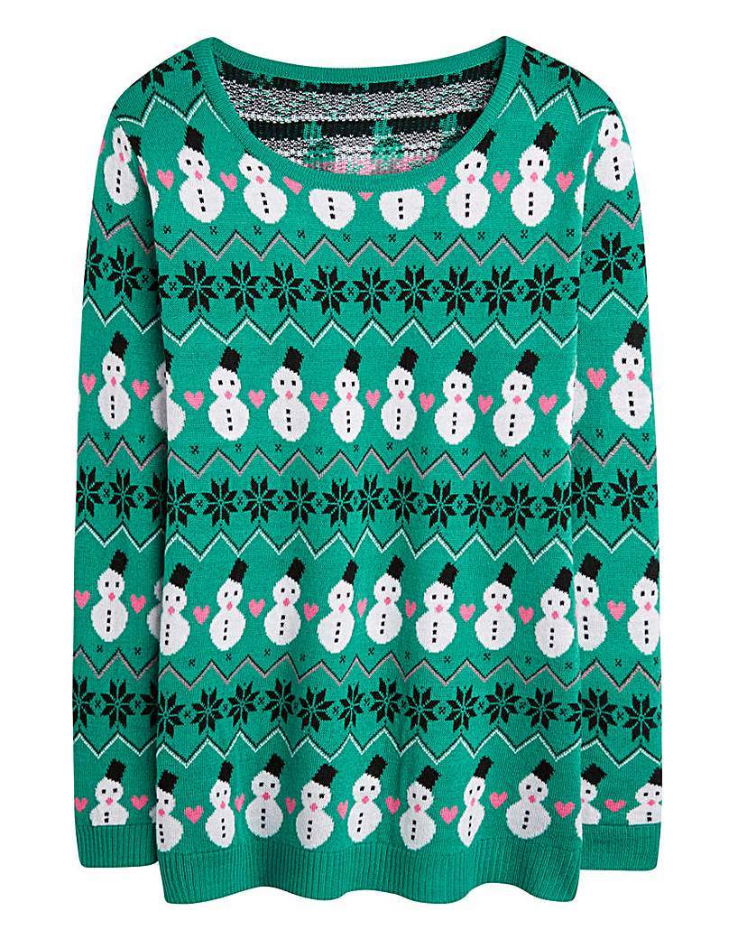 Christmas Snowman Jumper - neckline: round neck; style: standard; predominant colour: emerald green; secondary colour: black; occasions: casual; length: standard; fit: loose; sleeve length: long sleeve; sleeve style: standard; texture group: knits/crochet; pattern type: knitted - fine stitch; pattern: patterned/print; trends: christmas jumpers; pattern size: big & busy (top); multicoloured: multicoloured; season: a/w 2015