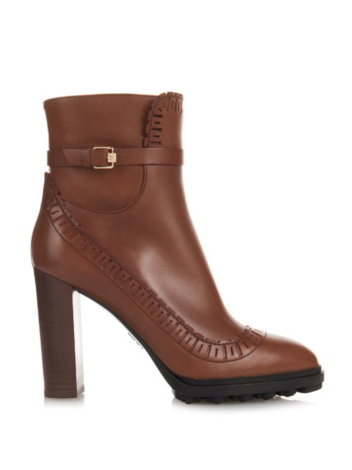 Perforated Leather Ankle Boots - predominant colour: tan; occasions: casual, creative work; material: leather; heel height: high; heel: block; toe: round toe; boot length: shoe boot; style: biker boot; finish: plain; pattern: plain; season: a/w 2015