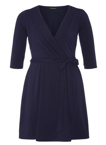 Womens **Dp Curve Navy Wrap Dress Navy - style: faux wrap/wrap; length: mid thigh; neckline: low v-neck; pattern: plain; waist detail: belted waist/tie at waist/drawstring; predominant colour: navy; occasions: casual, evening, creative work; fit: fitted at waist & bust; sleeve length: half sleeve; sleeve style: standard; pattern type: fabric; texture group: jersey - stretchy/drapey; season: a/w 2015