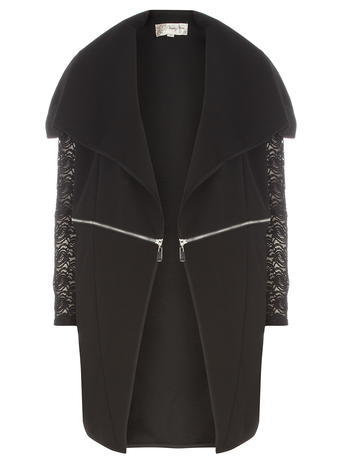 Womens **Voulez Vouz Black Waterfall Cardigan Black - pattern: plain; neckline: shawl; shoulder detail: contrast pattern/fabric at shoulder; style: open front; predominant colour: black; fibres: polyester/polyamide - stretch; fit: loose; length: mid thigh; sleeve length: long sleeve; sleeve style: standard; texture group: knits/crochet; pattern type: knitted - other; embellishment: lace; occasions: creative work; season: a/w 2015