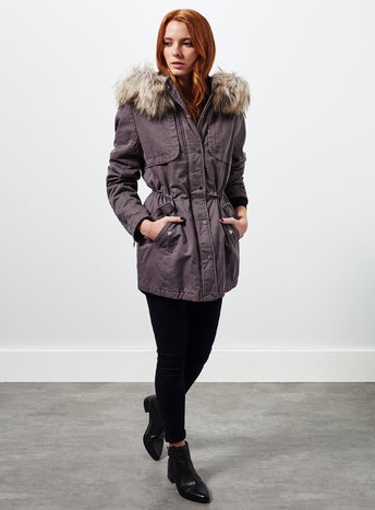 Womens Grey Faux Fur Parka, Grey - pattern: plain; collar: funnel; style: parka; back detail: hood; length: mid thigh; predominant colour: charcoal; occasions: casual, creative work; fit: straight cut (boxy); fibres: cotton - 100%; sleeve length: long sleeve; sleeve style: standard; collar break: high/illusion of break when open; pattern type: fabric; texture group: woven light midweight; embellishment: fur; season: a/w 2015