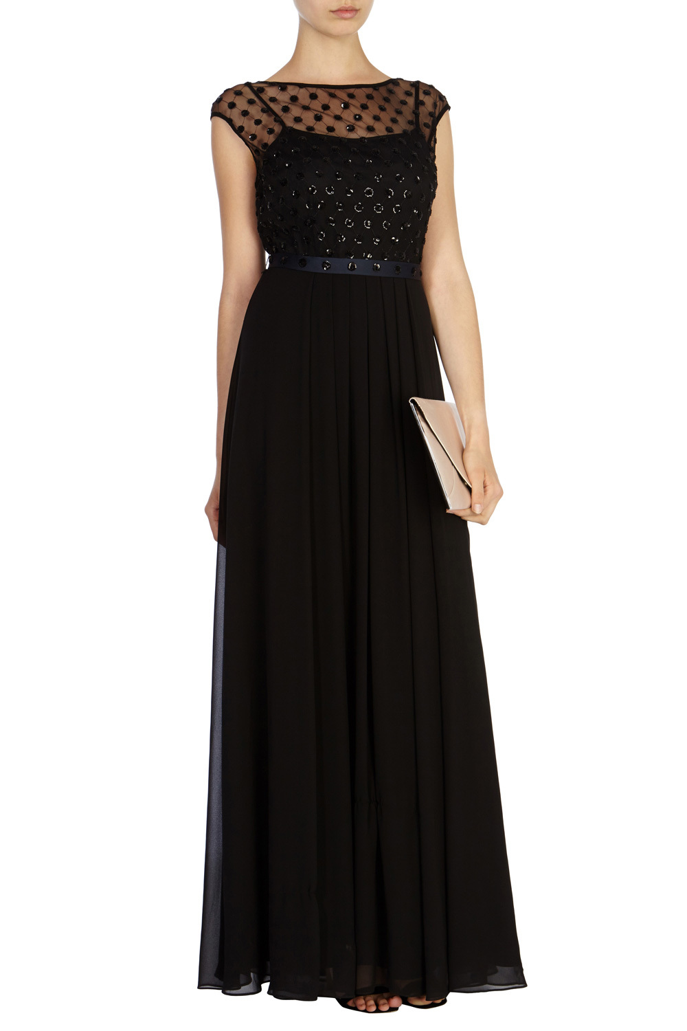 Lori Lee Cluster Maxi Dress - sleeve style: capped; pattern: plain; style: maxi dress; predominant colour: black; occasions: evening, occasion; length: floor length; fit: fitted at waist & bust; fibres: polyester/polyamide - 100%; neckline: crew; sleeve length: sleeveless; texture group: sheer fabrics/chiffon/organza etc.; pattern type: fabric; pattern size: standard; season: a/w 2015