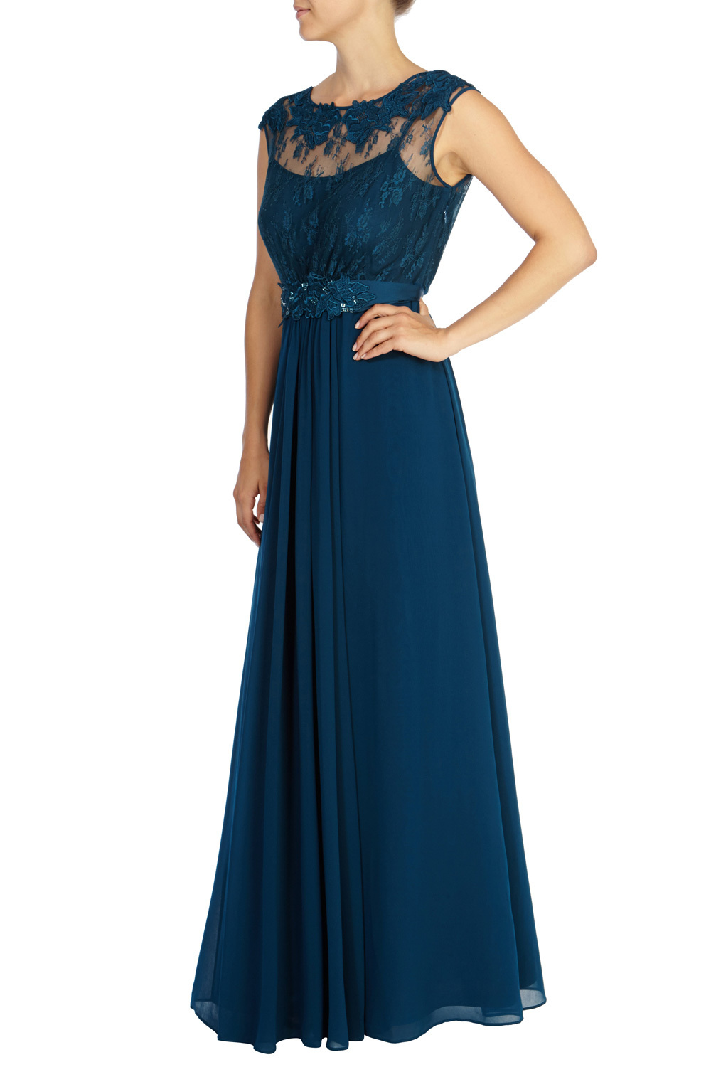 Lori May Maxi Dress - fit: fitted at waist; pattern: plain; sleeve style: sleeveless; style: maxi dress; bust detail: sheer at bust; predominant colour: teal; occasions: evening; length: floor length; fibres: polyester/polyamide - 100%; neckline: crew; hip detail: soft pleats at hip/draping at hip/flared at hip; sleeve length: sleeveless; texture group: sheer fabrics/chiffon/organza etc.; pattern type: fabric; embellishment: lace; season: a/w 2015