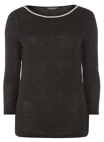 Womens **Tall Black Embellished Top Black - neckline: round neck; pattern: plain; style: t-shirt; predominant colour: charcoal; occasions: casual, creative work; length: standard; fibres: polyester/polyamide - 100%; fit: body skimming; sleeve length: 3/4 length; sleeve style: standard; trends: monochrome; pattern type: fabric; texture group: jersey - stretchy/drapey; season: a/w 2015