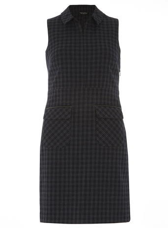 Womens Navy Check Collar Shift Dress Blue - style: shift; length: mid thigh; fit: tailored/fitted; pattern: checked/gingham; predominant colour: navy; secondary colour: charcoal; occasions: casual, creative work; fibres: polyester/polyamide - stretch; neckline: no opening/shirt collar/peter pan; sleeve length: sleeveless; sleeve style: standard; pattern type: fabric; pattern size: light/subtle; texture group: other - light to midweight; season: a/w 2015