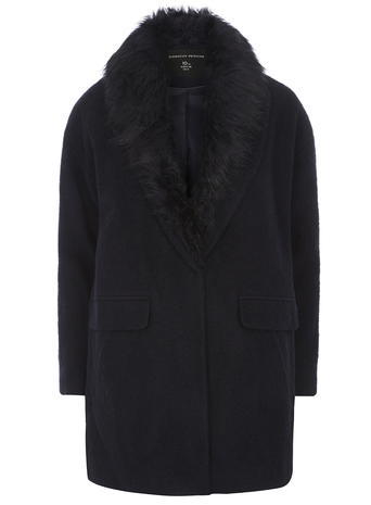 Womens Navy Faux Fur Wool Boyfriend Coat Navy - pattern: plain; style: single breasted; length: mid thigh; predominant colour: navy; occasions: casual, work, creative work; fit: straight cut (boxy); fibres: polyester/polyamide - mix; sleeve length: long sleeve; sleeve style: standard; texture group: fur; collar: fur; collar break: medium; pattern type: fabric; embellishment: fur; season: a/w 2015