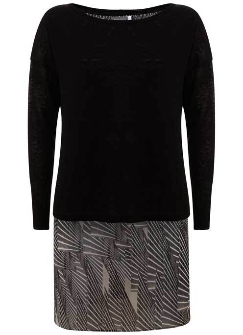 Ivy Print Layered Tunic - neckline: slash/boat neckline; style: tunic; predominant colour: black; secondary colour: black; occasions: casual, creative work; fibres: linen - 100%; fit: body skimming; length: mid thigh; sleeve length: long sleeve; sleeve style: standard; pattern type: fabric; pattern: patterned/print; texture group: jersey - stretchy/drapey; pattern size: big & busy (top); season: a/w 2015