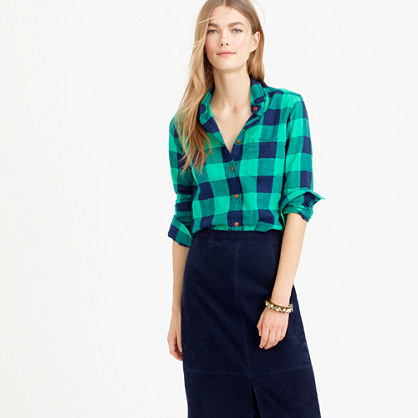 Tall Shrunken Boy Shirt In Emerald Buffalo Check - neckline: shirt collar/peter pan/zip with opening; pattern: checked/gingham; style: shirt; secondary colour: navy; predominant colour: emerald green; occasions: casual; length: standard; fibres: cotton - 100%; fit: straight cut; sleeve length: long sleeve; sleeve style: standard; pattern type: fabric; pattern size: standard; texture group: woven light midweight; season: a/w 2015