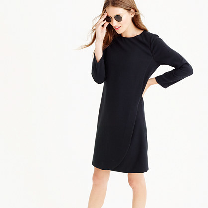 Overlapped Long Sleeve Shift Dress - style: tunic; length: mid thigh; neckline: round neck; pattern: plain; predominant colour: black; occasions: casual, creative work; fit: straight cut; fibres: polyester/polyamide - stretch; sleeve length: 3/4 length; sleeve style: standard; pattern type: fabric; texture group: other - light to midweight; season: a/w 2015