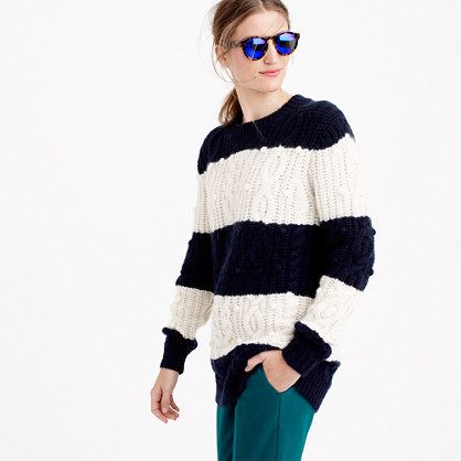 Italian Cashmere Cable Sweater In Stripe - length: below the bottom; style: standard; pattern: cable knit; secondary colour: ivory/cream; predominant colour: navy; occasions: casual, creative work; fit: loose; neckline: crew; fibres: cashmere - 100%; sleeve length: long sleeve; sleeve style: standard; texture group: knits/crochet; pattern type: fabric; season: a/w 2015