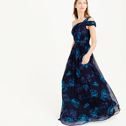 Cara Long Dress In Nightshade Floral Silk Chiffon - style: maxi dress; sleeve style: asymmetric sleeve; neckline: asymmetric; secondary colour: diva blue; predominant colour: navy; occasions: evening; length: floor length; fit: fitted at waist & bust; fibres: polyester/polyamide - 100%; hip detail: soft pleats at hip/draping at hip/flared at hip; sleeve length: sleeveless; texture group: sheer fabrics/chiffon/organza etc.; pattern type: fabric; pattern size: standard; pattern: florals; season: a/w 2015