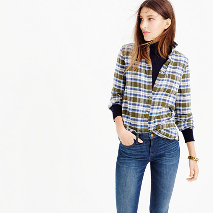 Shrunken Boy Shirt In Misty Forest Plaid - neckline: shirt collar/peter pan/zip with opening; pattern: checked/gingham; style: shirt; secondary colour: diva blue; predominant colour: khaki; occasions: casual; length: standard; fibres: cotton - 100%; fit: straight cut; sleeve length: long sleeve; sleeve style: standard; pattern type: fabric; pattern size: standard; texture group: woven light midweight; multicoloured: multicoloured; season: a/w 2015
